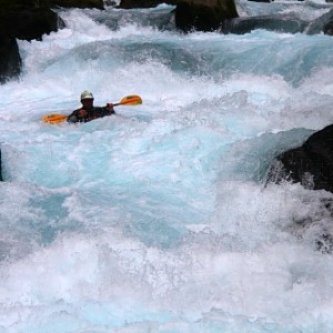 Pucon local, Rodrigo Tuschner, gets "tits deep" in the calypso waters of the Middle Fuy